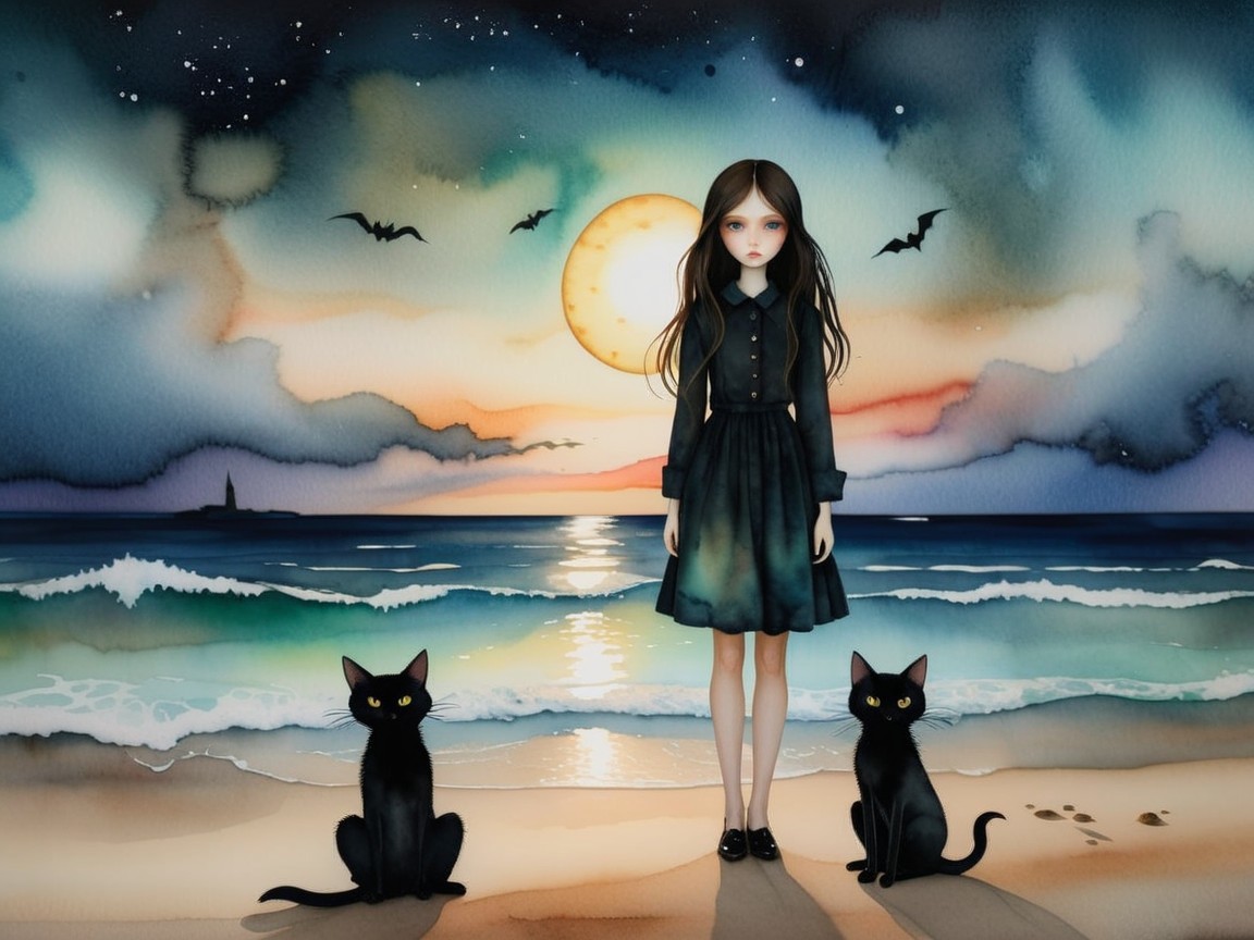 Young girl in black dress on moonlit beach with cats