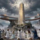 Futuristic Brutalist Obelisk with Worshipers and Landscapes