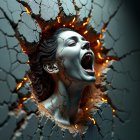 Woman Screaming Against Cracked Golden Wall