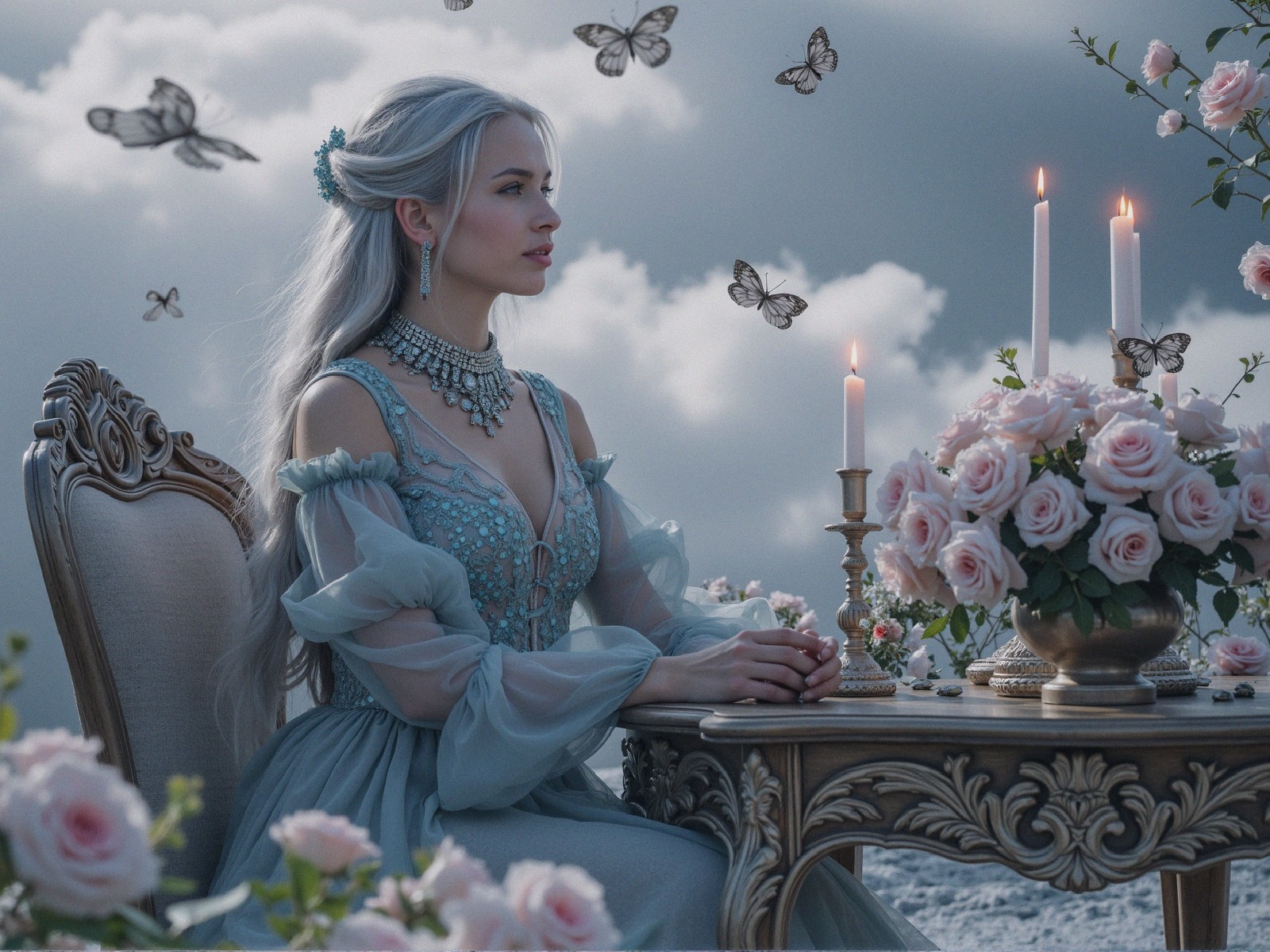 Serene scene of a woman with silver hair at a table