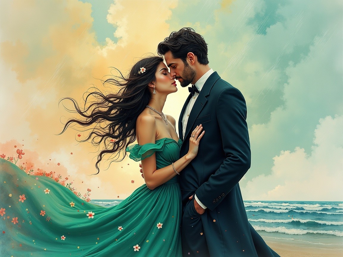 Romantic Beach Scene with Couple in Embrace