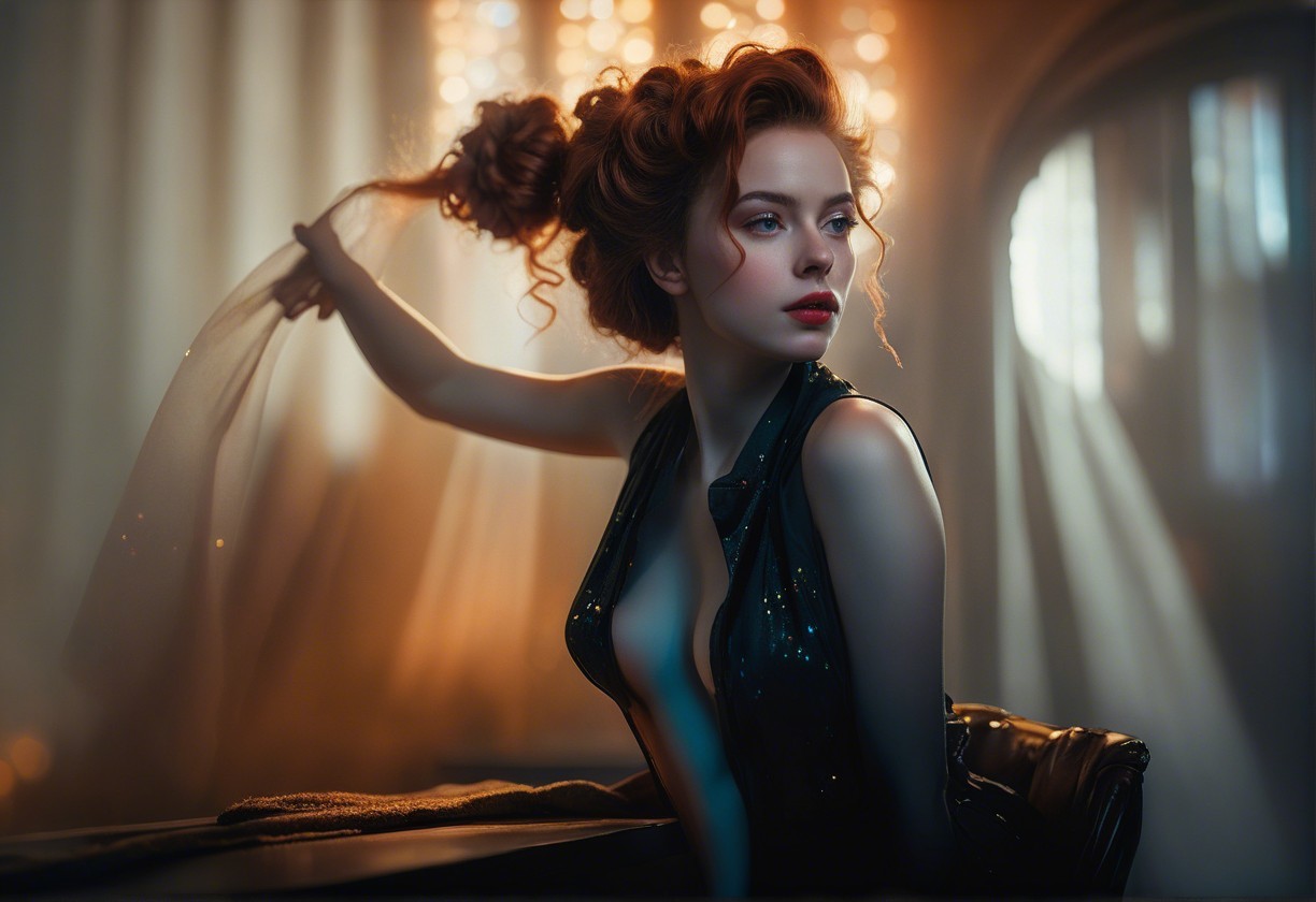 Elegant woman in black outfit with wavy red hair