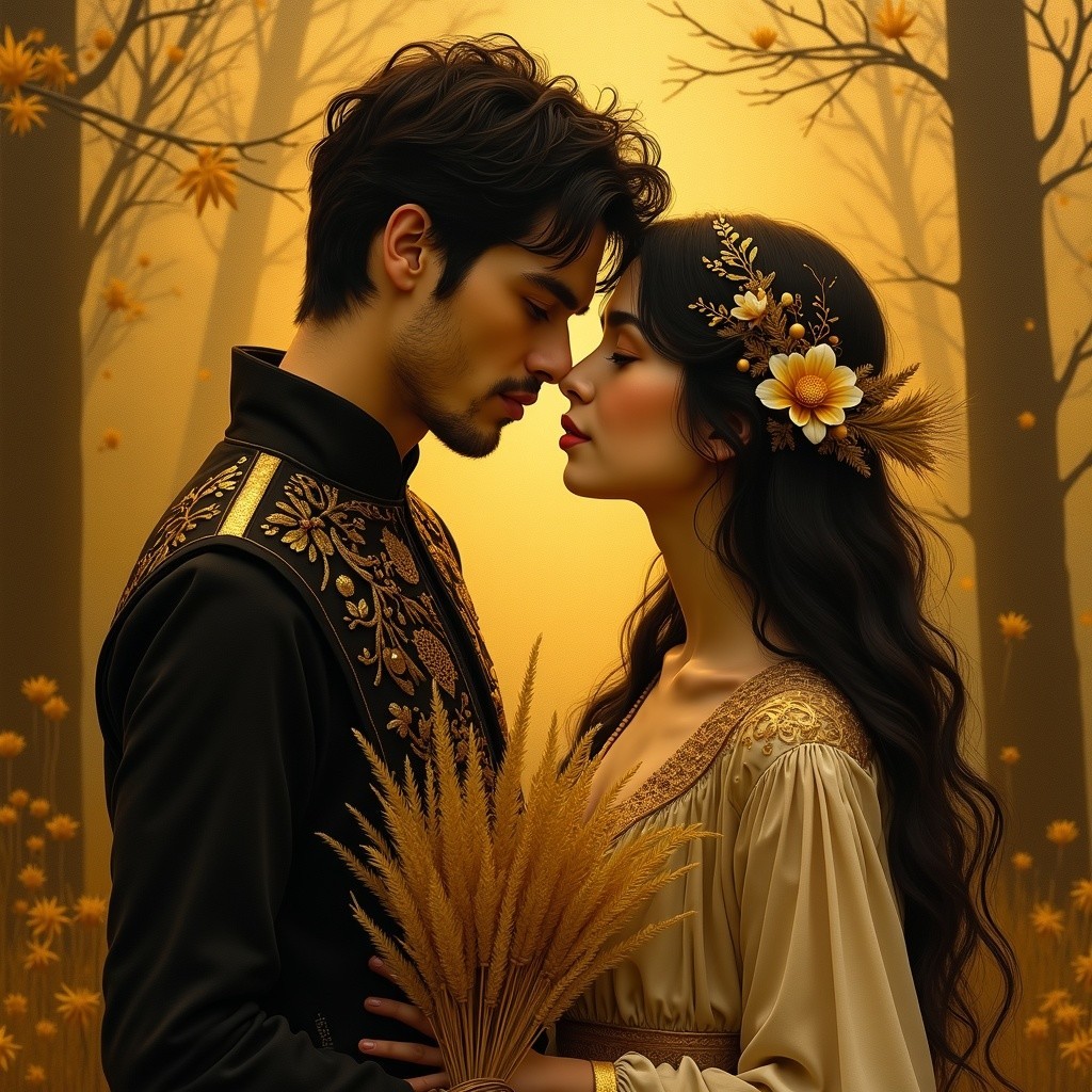 Couple Embraced in Autumn Forest Setting