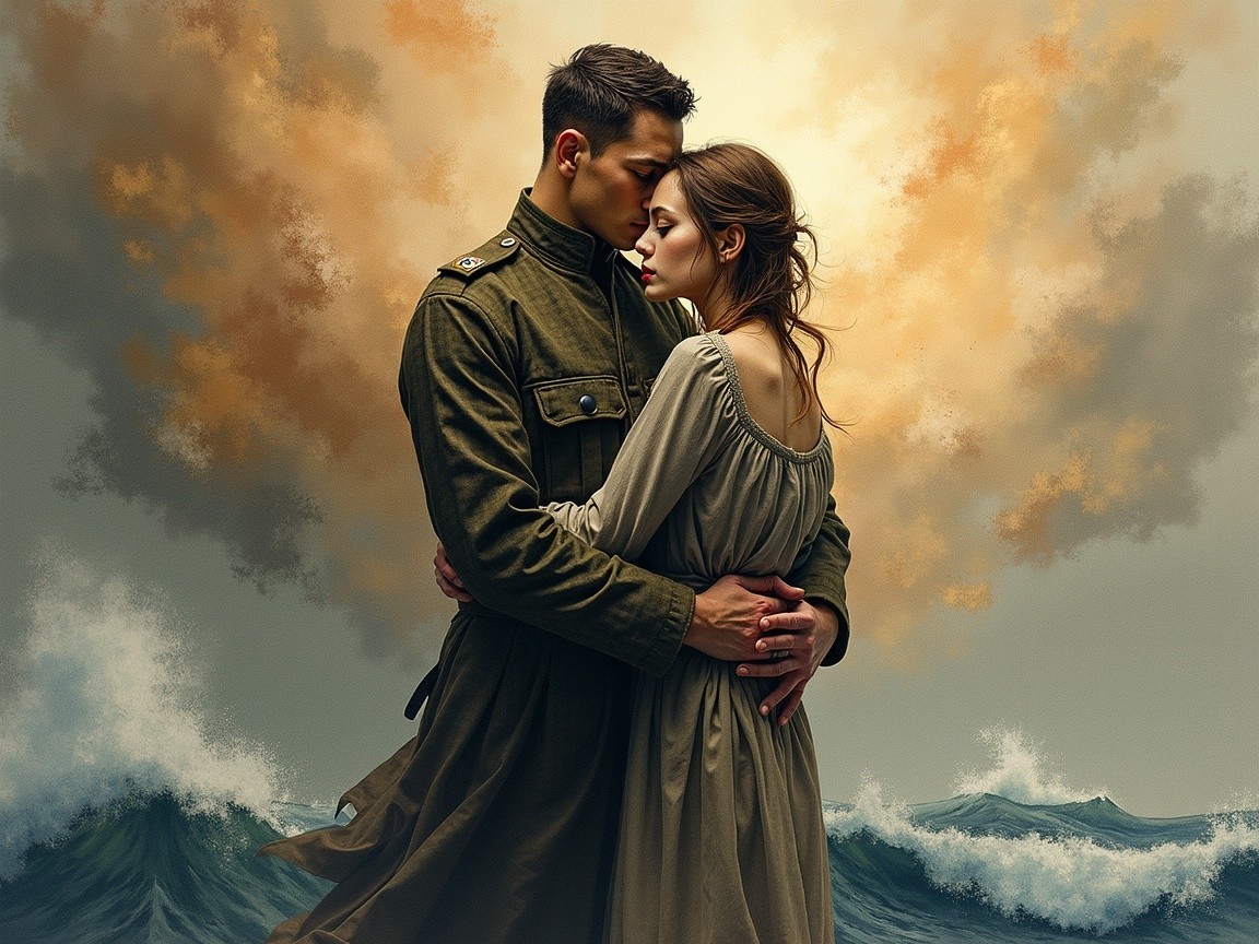 Soldier and Woman Embrace Against Dramatic Sky