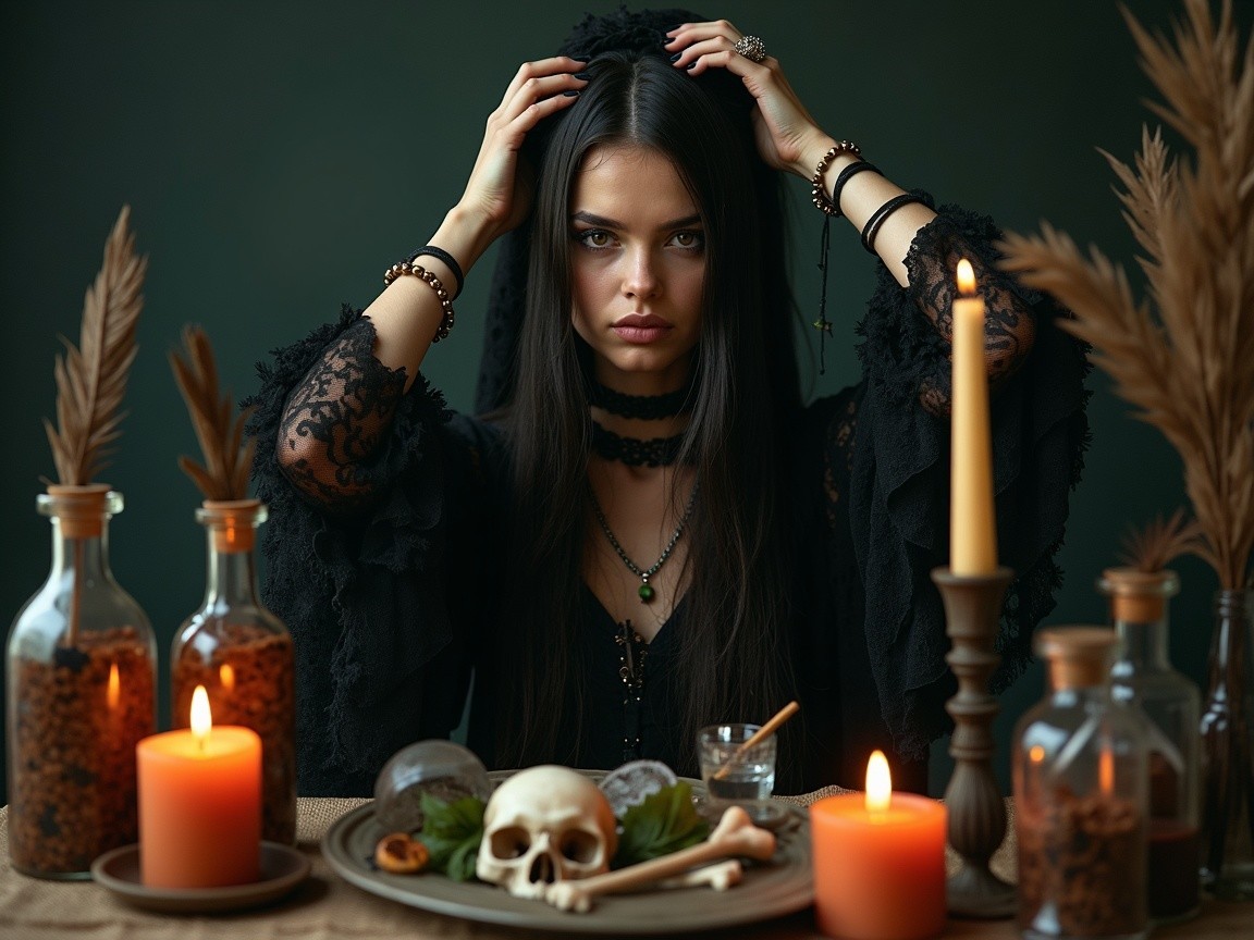 Mysterious Woman in Dark Attire at Candlelit Table