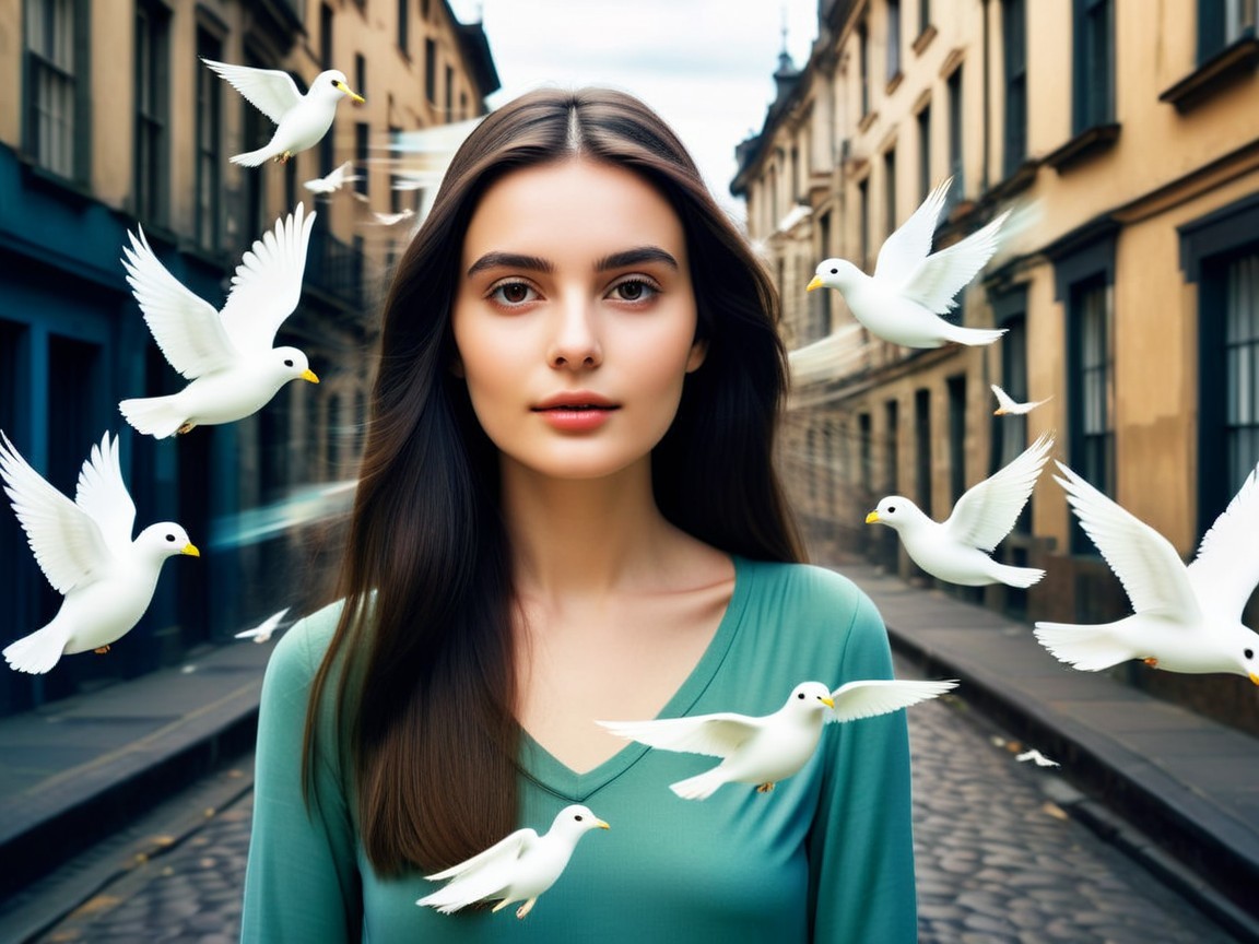 Digital Painting of Woman in European Street with Doves