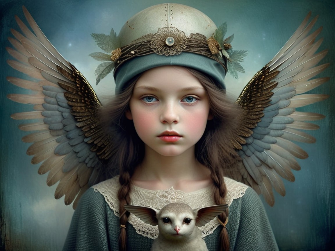 Young girl with blue eyes, wings, and cat in dreamlike scene