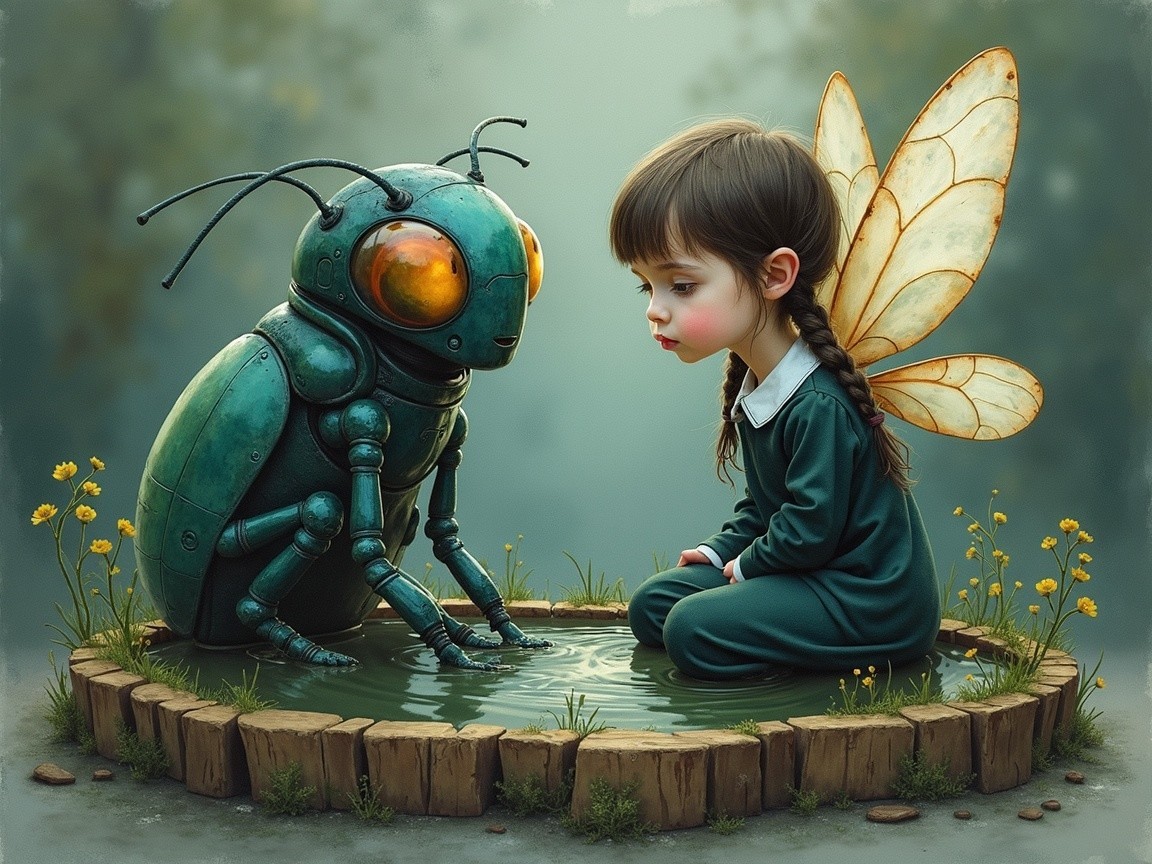 Whimsical Forest Scene with Girl and Robot Creature