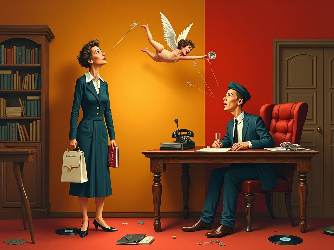Whimsical Office Scene with Poised Woman and Cherub
