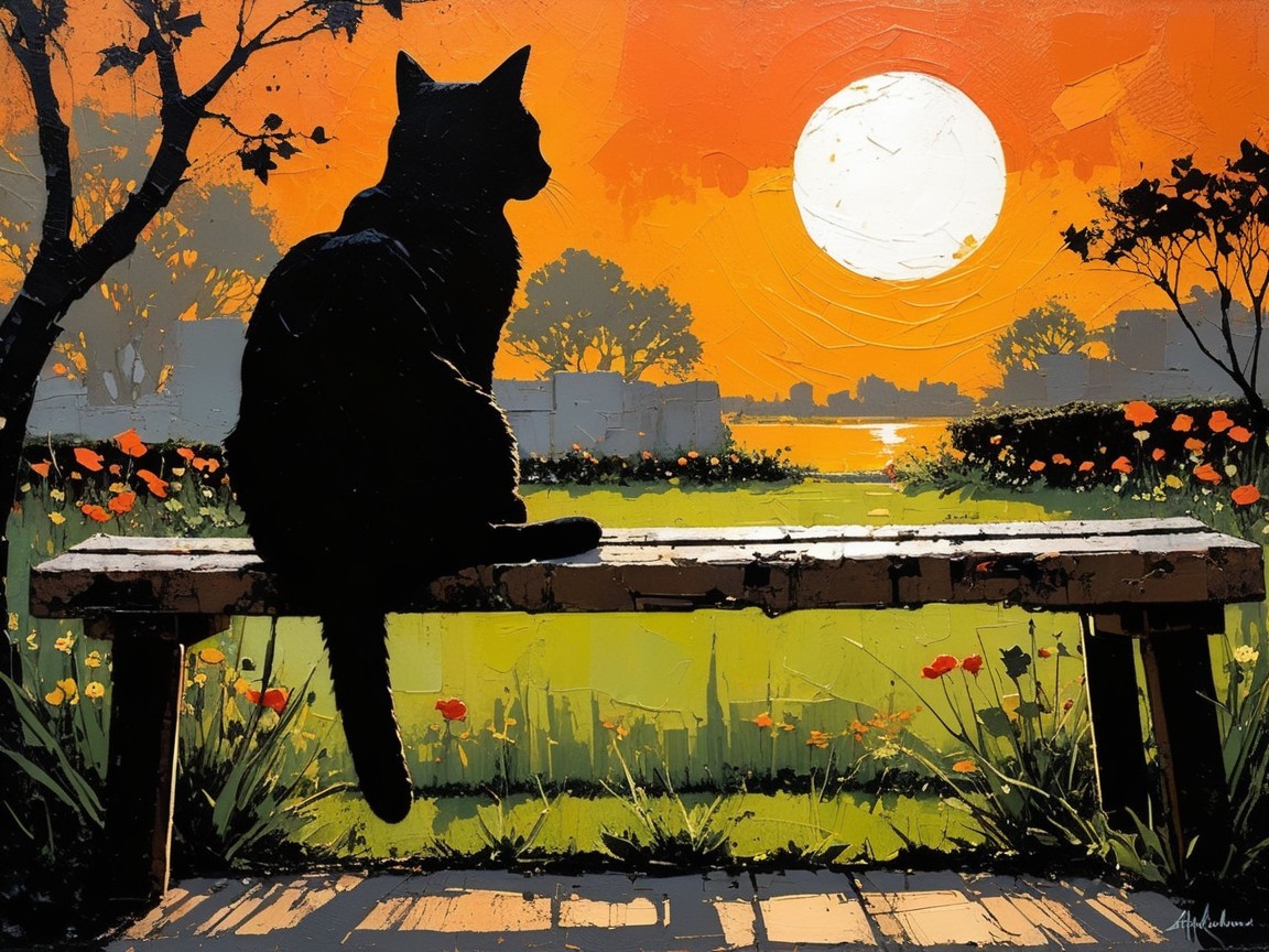Serene Sunset with Black Cat and Colorful Flowers