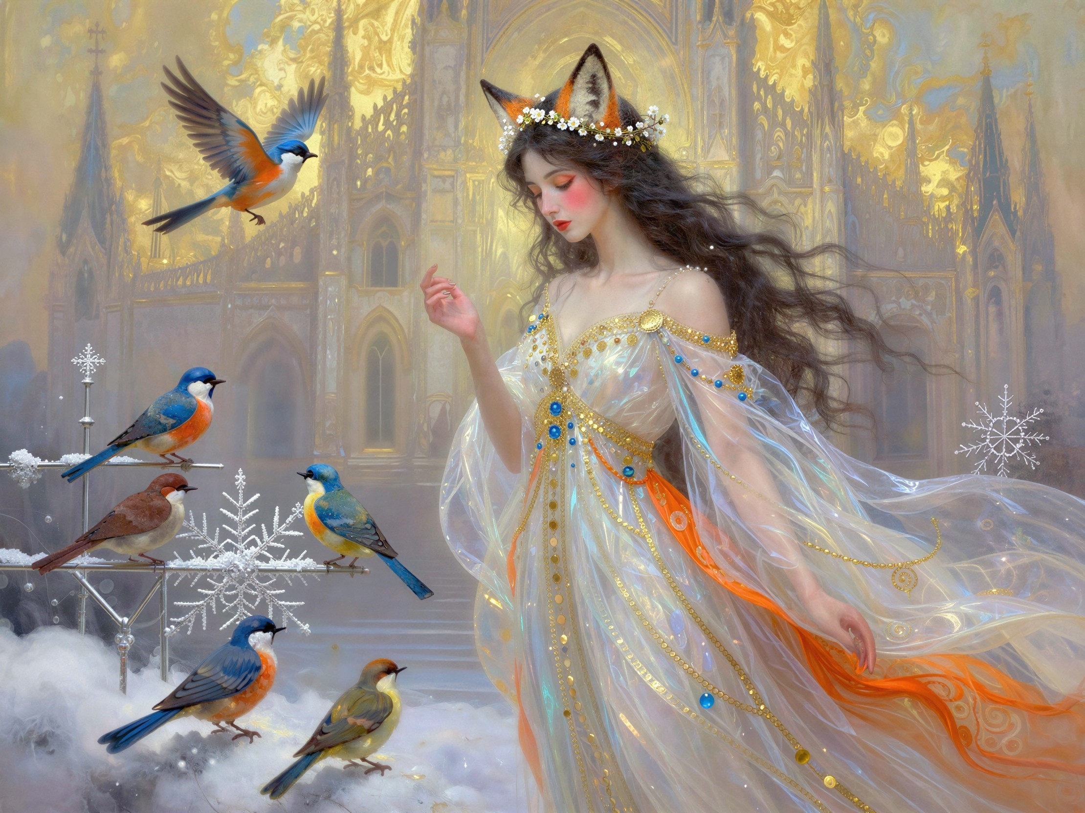 Elegant winter goddess with fox ears in snowy scene