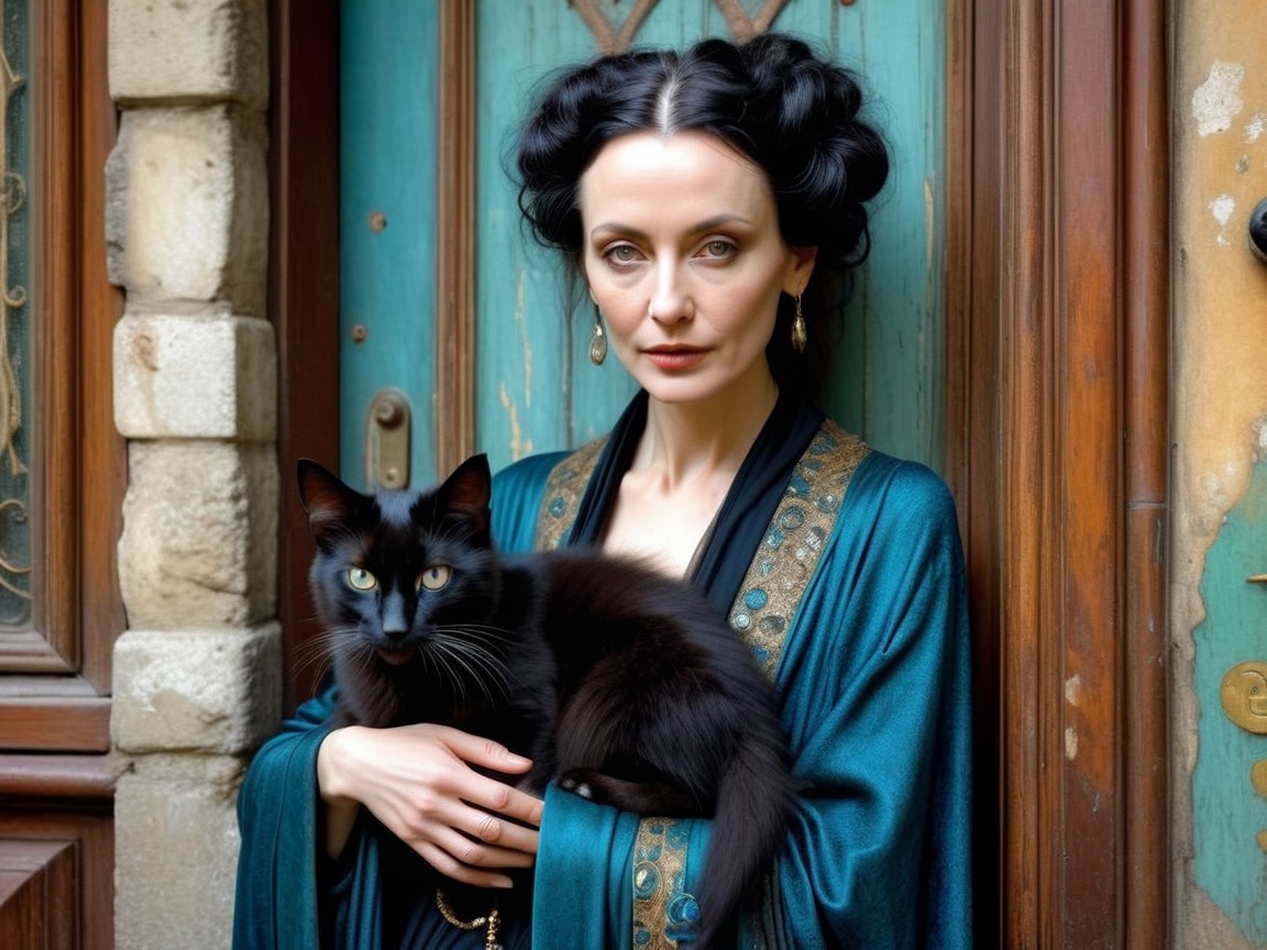 Woman in teal robe with black cat by wooden door