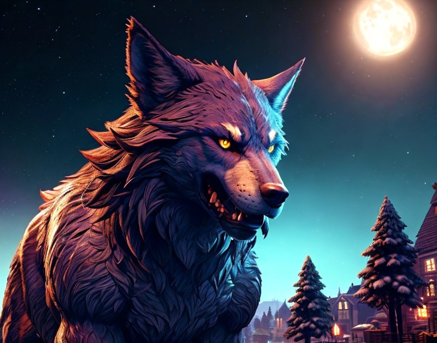 Fierce wolf under full moon in digital art