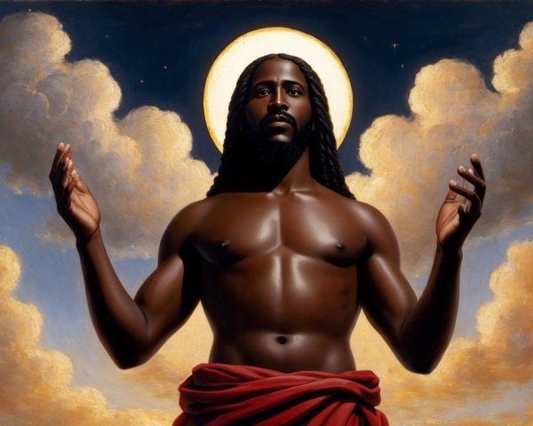 Shirtless Man with Halo in Red Cloth Against Cloudy Sky