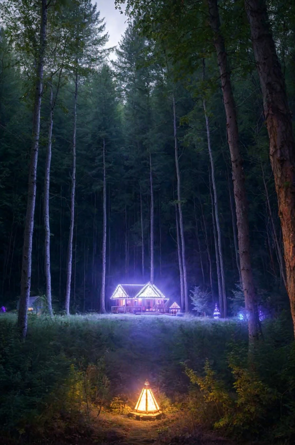 Cozy cabin in dense forest with glowing campfire