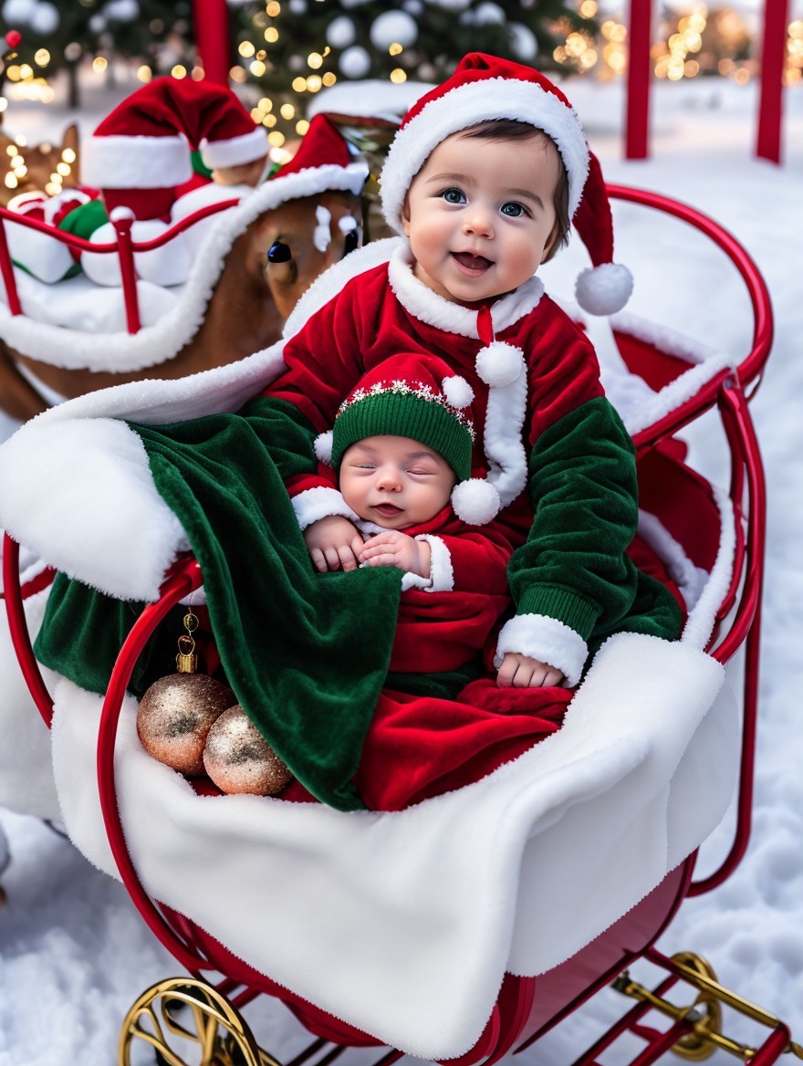 Children in Santa outfits in sleigh with Christmas decor and snow.