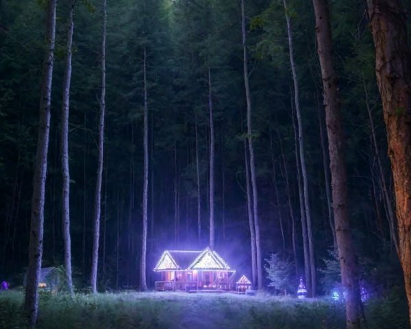 Cozy cabin in dense forest with glowing campfire