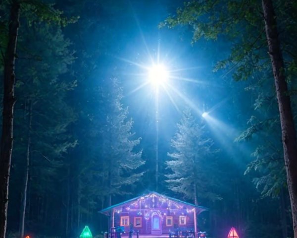 Forest Night Scene: Cabin with Illuminated Windows, Bright Light, and Colored Tents
