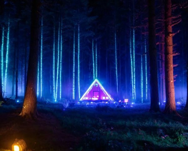 Enchanting night forest scene with glowing blue lights and cozy tent-cabin.