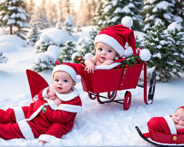 Three Babies Dressed as Santa Claus in Snowy Forest Scene