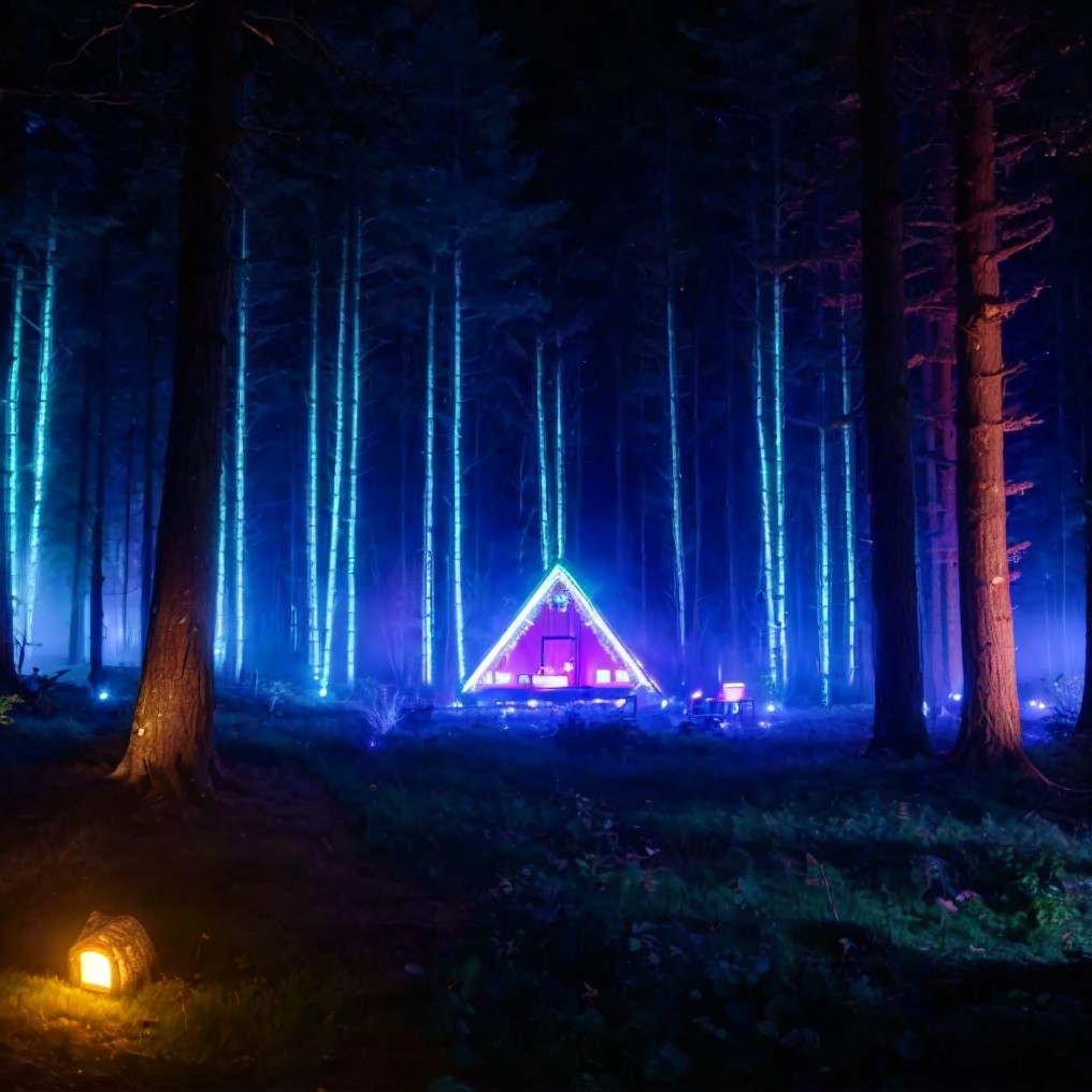 Enchanting night forest scene with glowing blue lights and cozy tent-cabin.