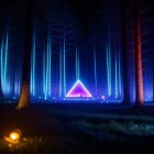 Enchanting night forest scene with glowing blue lights and cozy tent-cabin.