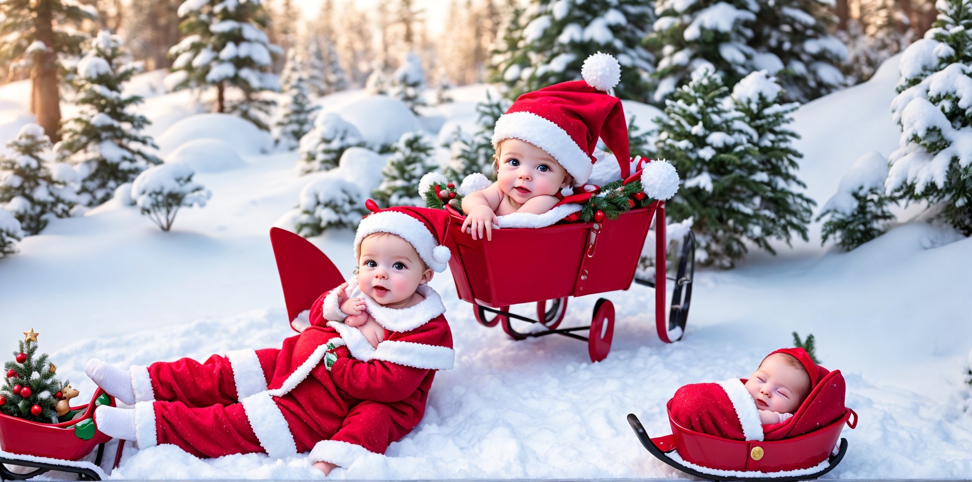 Three Babies Dressed as Santa Claus in Snowy Forest Scene