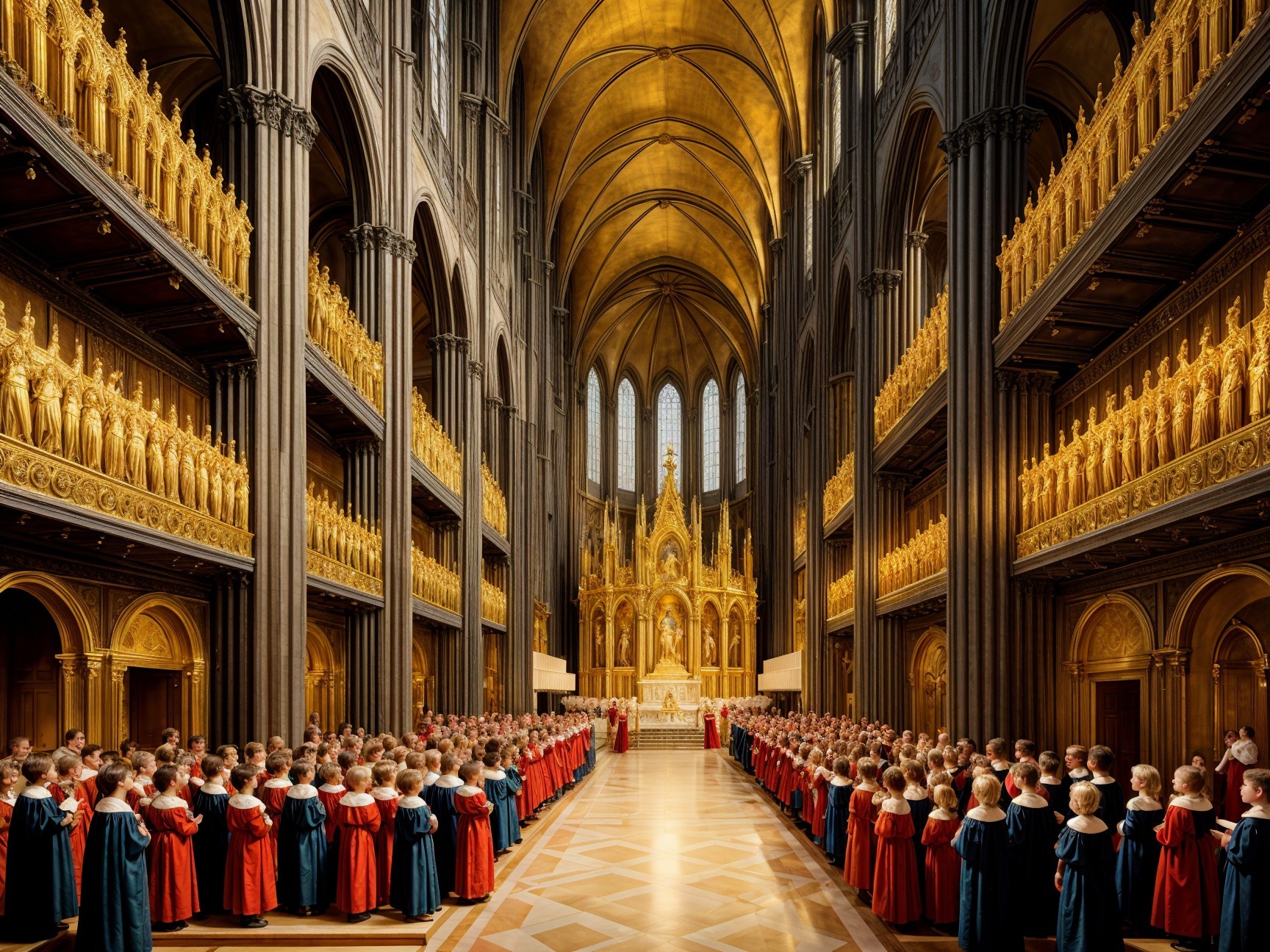 Cathedral Interior with Choir in Red and Blue Robes