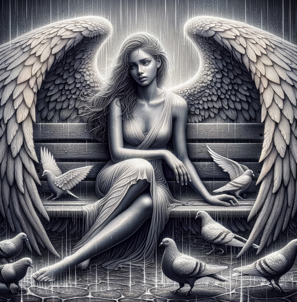 Ethereal figure with wings in serene grayscale scene