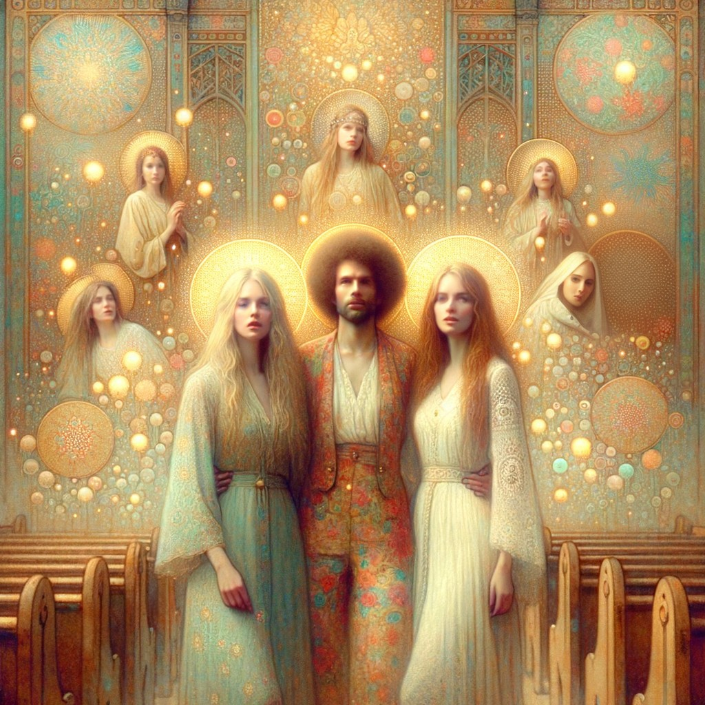 Mystical Scene with Central Figure and Ethereal Women
