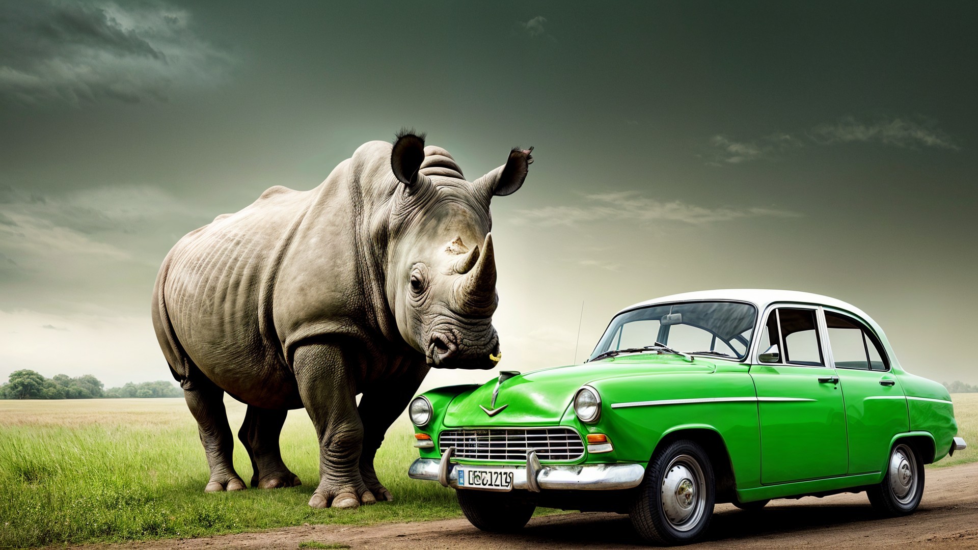 Vintage Green Car and Rhinoceros on Dirt Road