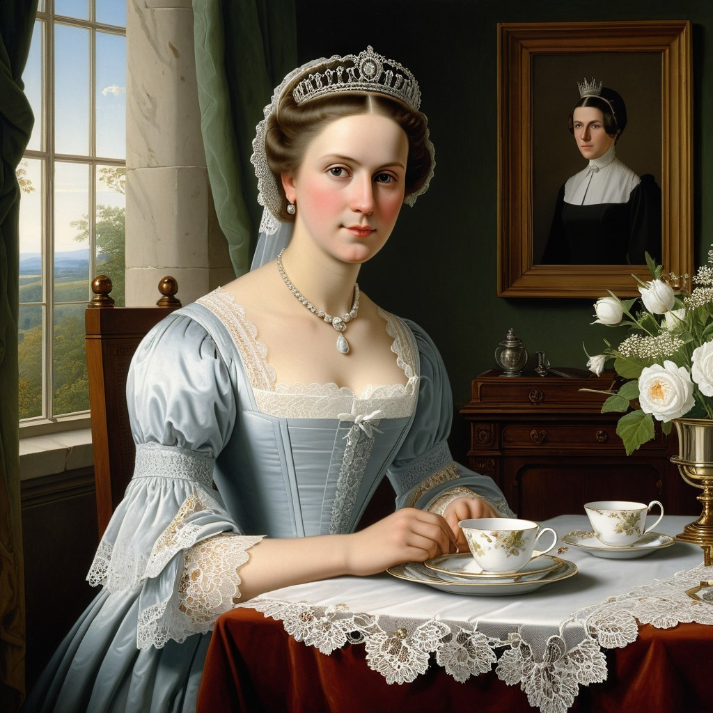 Regal Woman in Blue Gown at Elegant Table Setting