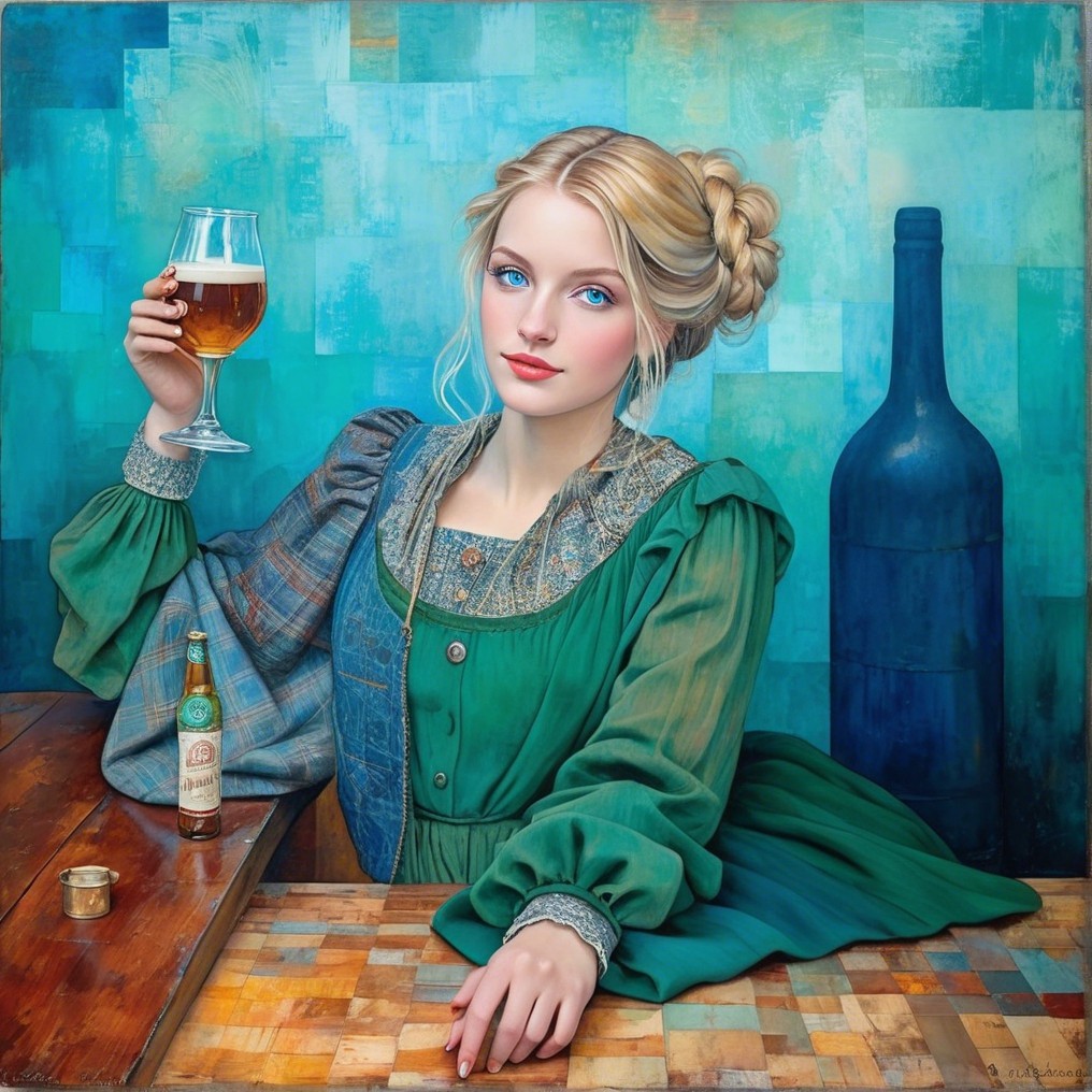 Young woman in green dress with beer at wooden table