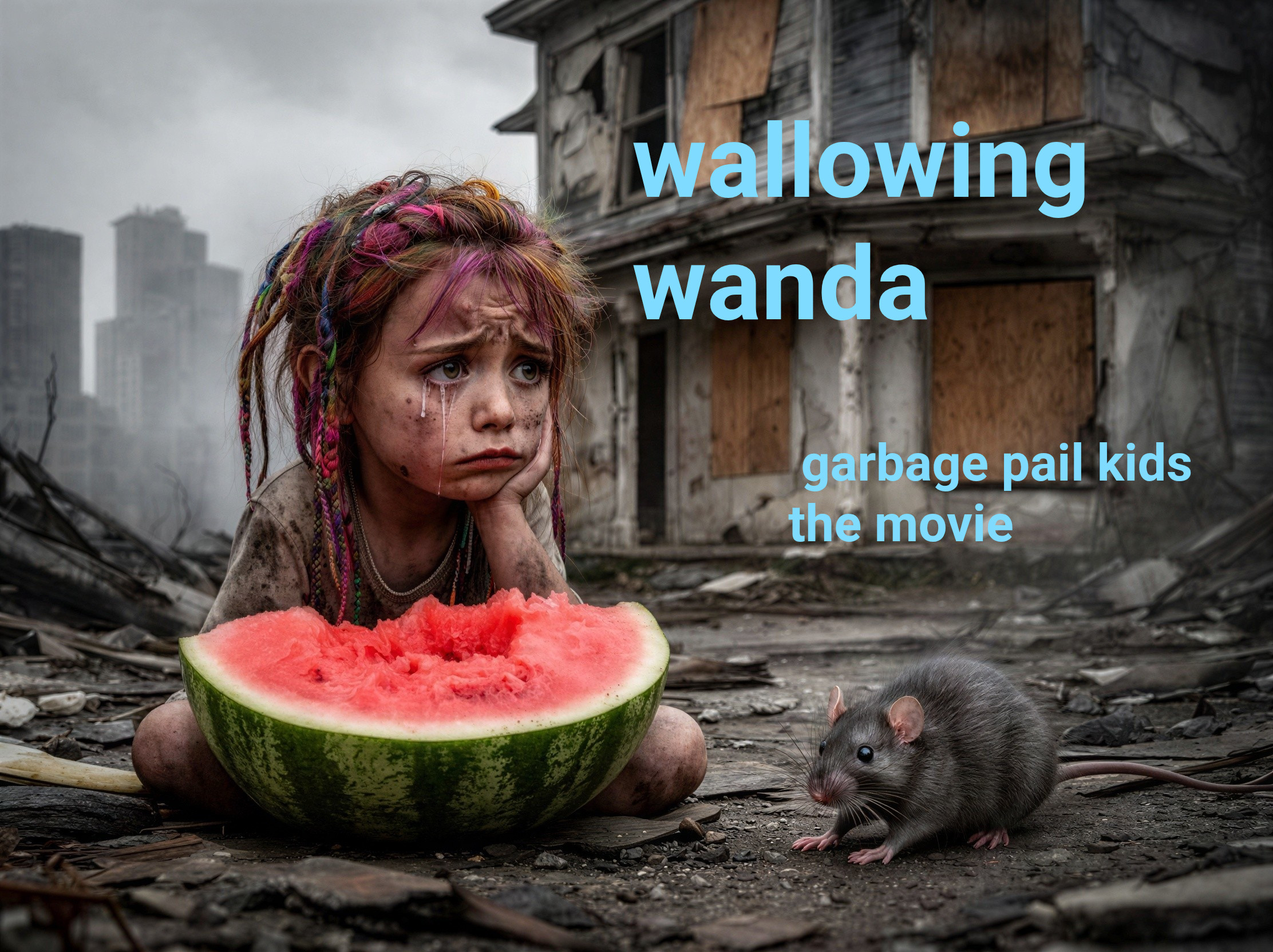 Sad Girl in Ruined City with Watermelon Slice