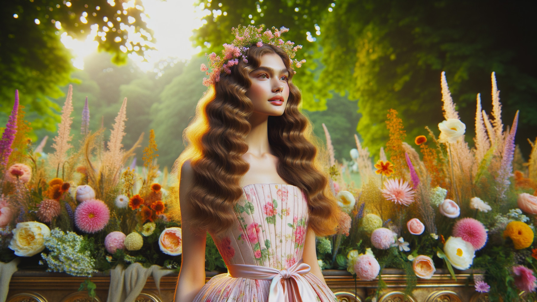 Woman in Floral Dress Surrounded by Vibrant Garden
