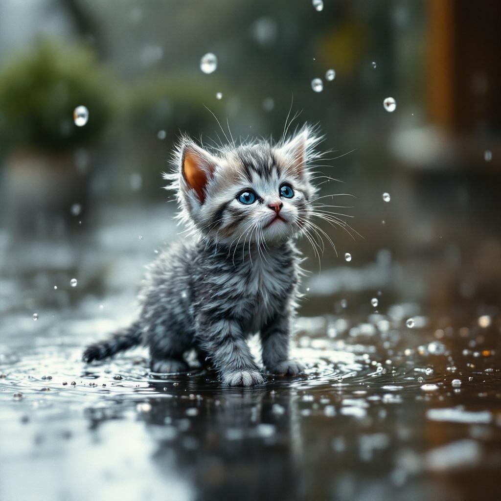 Fluffy Kitten with Blue Eyes in Rainy Puddle