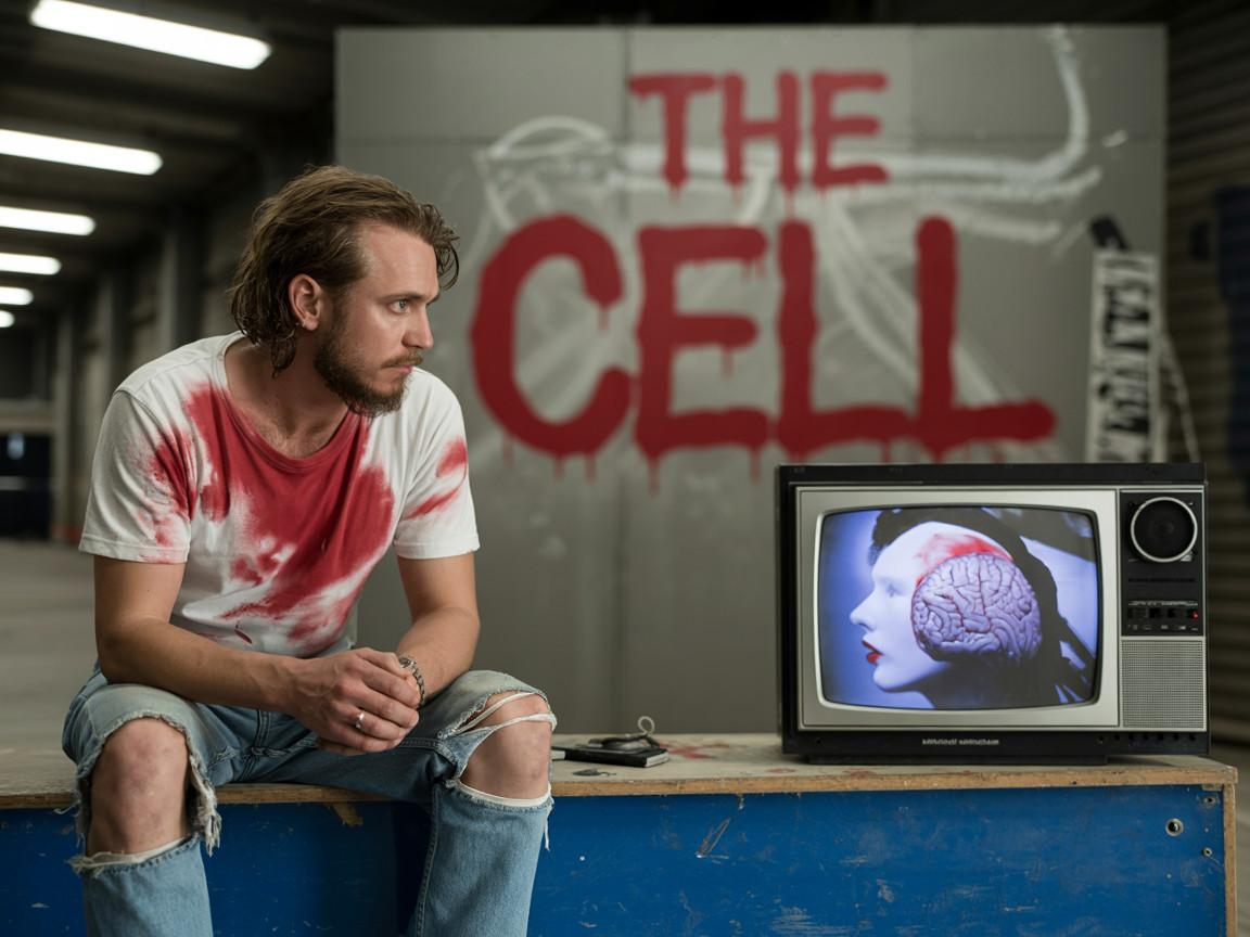 Man on Blue Bench with Distressed Expression and TV