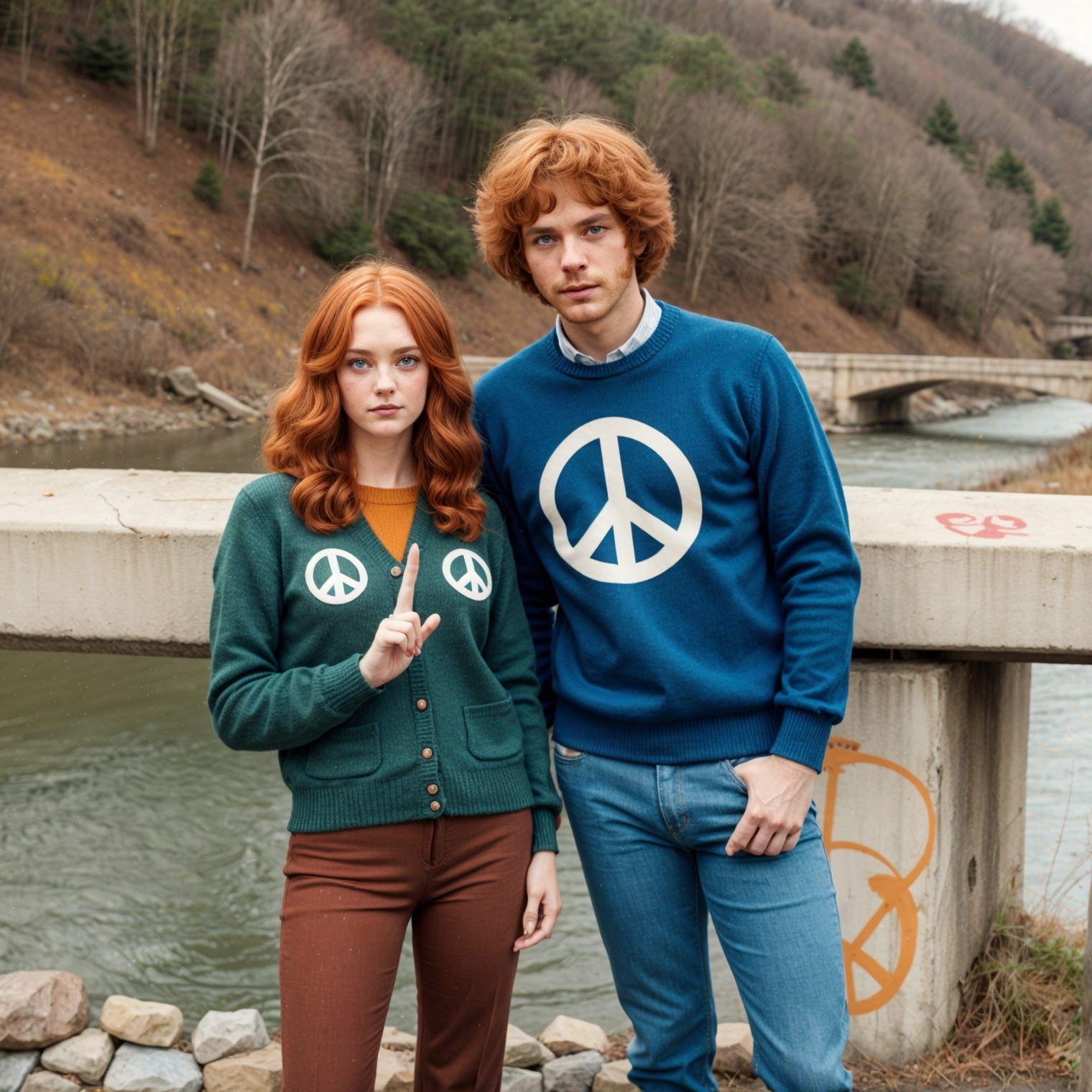 Young Couple by River in Stylish Casual Attire