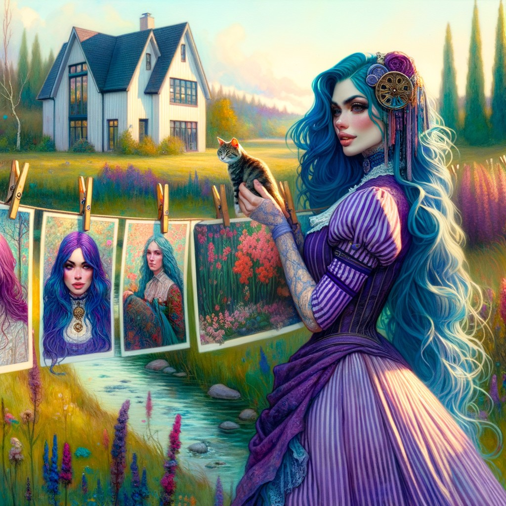 Whimsical Landscape with Blue-Haired Woman and Kitten
