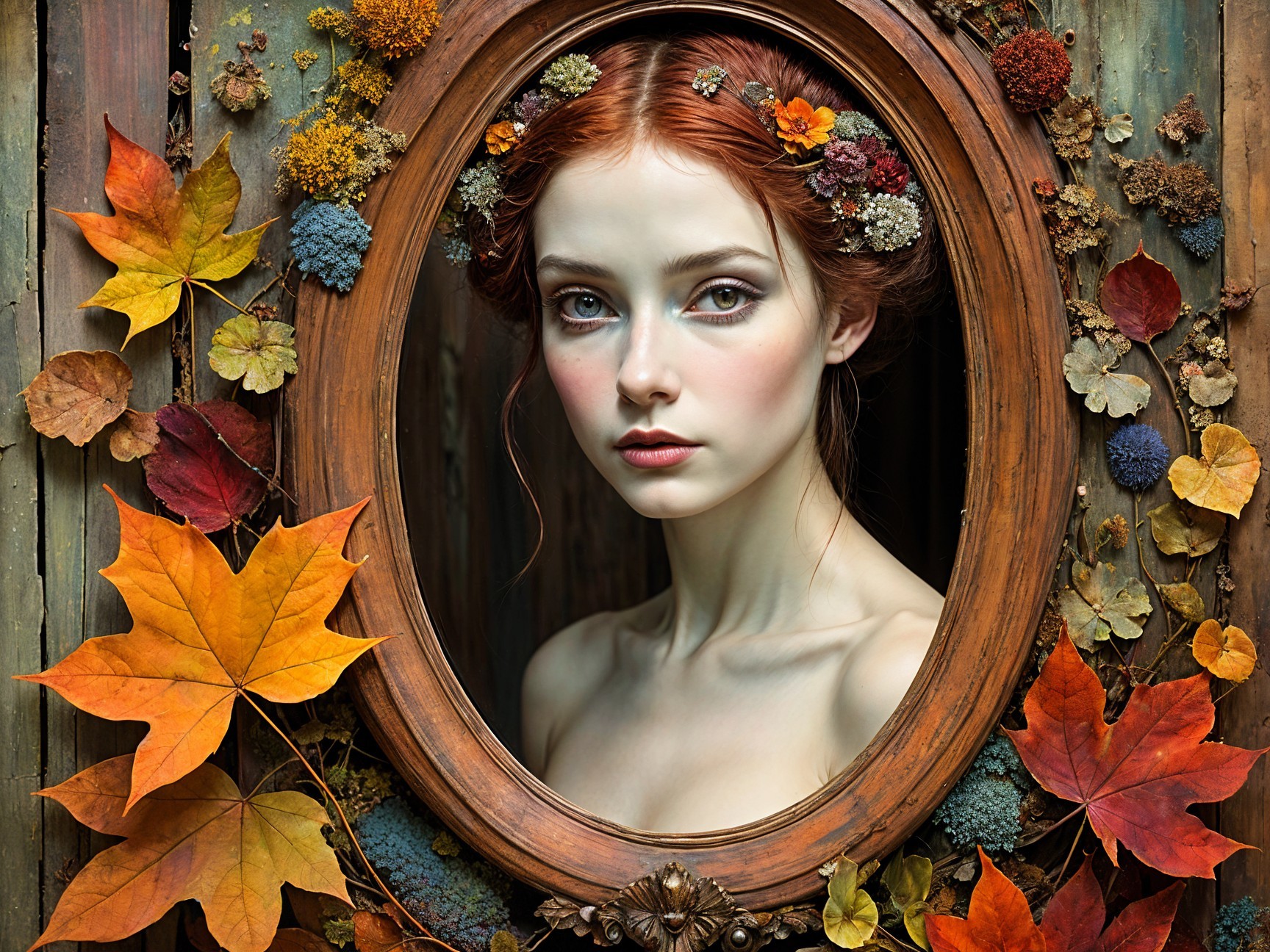 Serene Woman in Ornate Frame with Autumn Decor