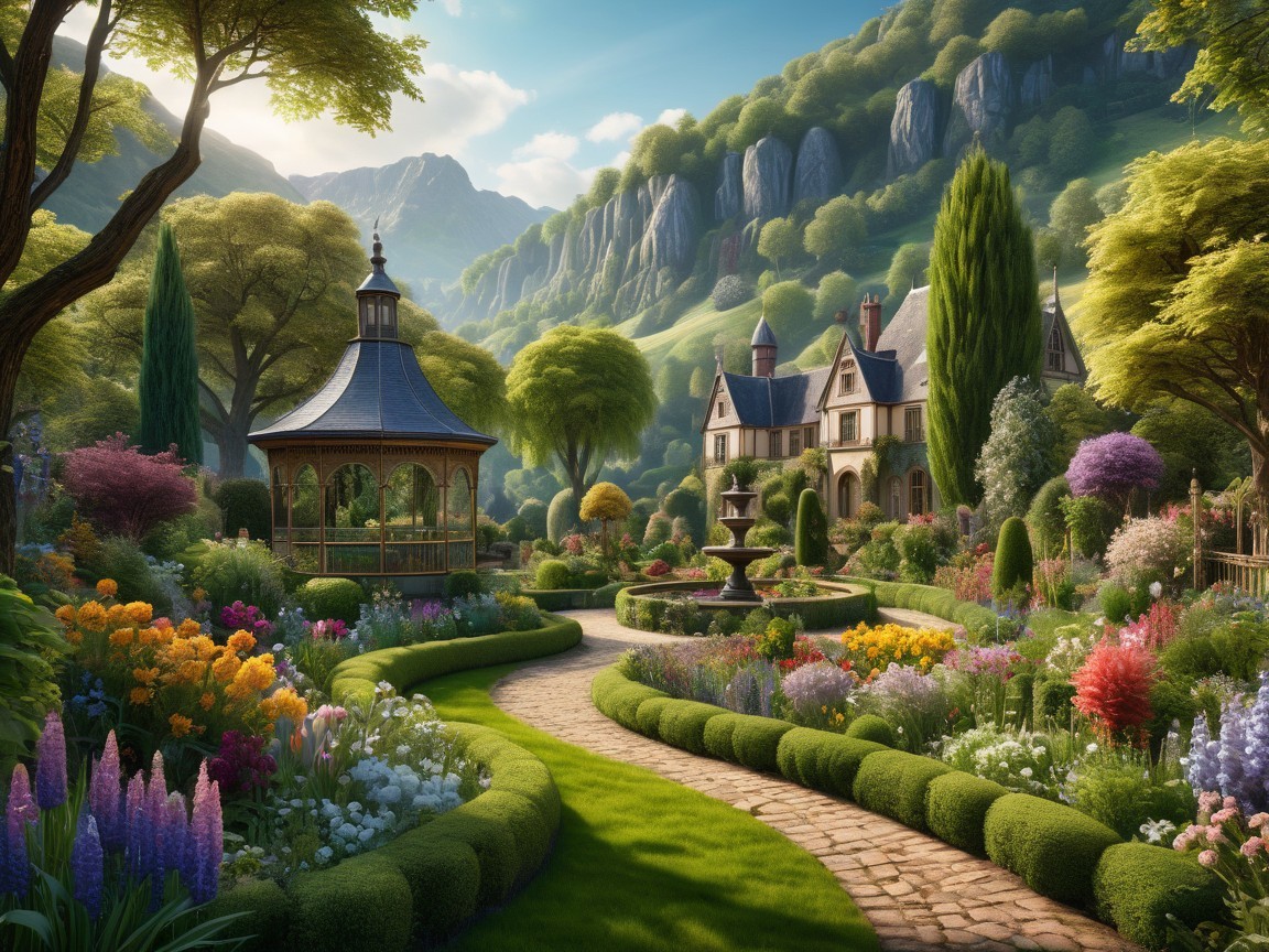 Charming Garden Scene with Gazebo and Vibrant Flowers