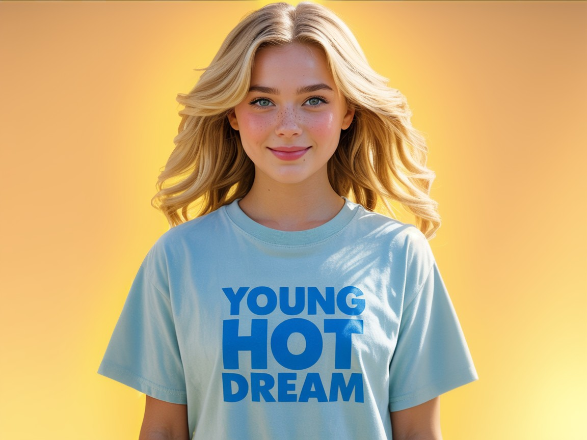 Young woman in blue t-shirt with vibrant background