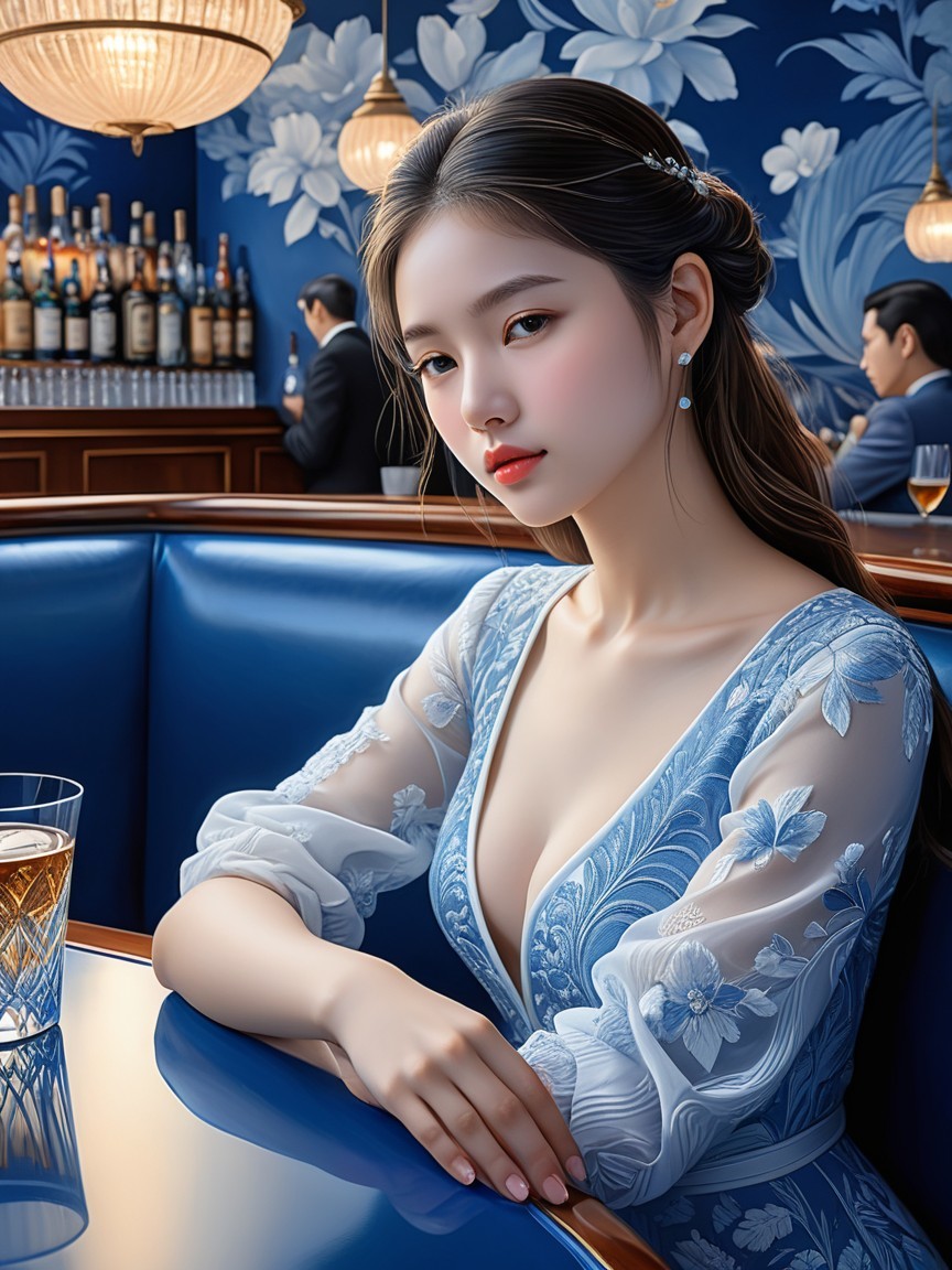 Young Woman in Floral Dress at Luxurious Bar