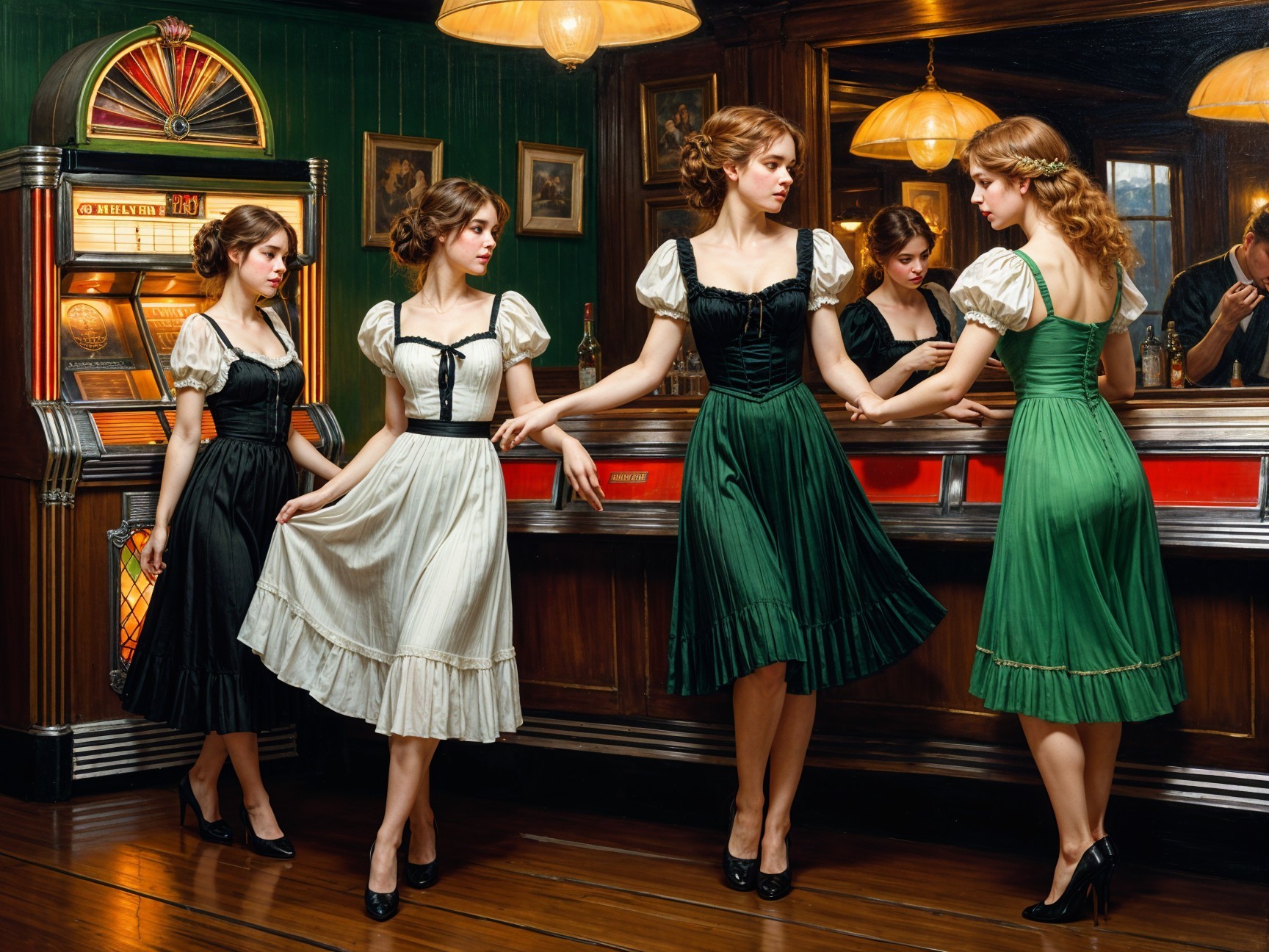 Vintage Bar Scene with Elegant Women in Period Dresses