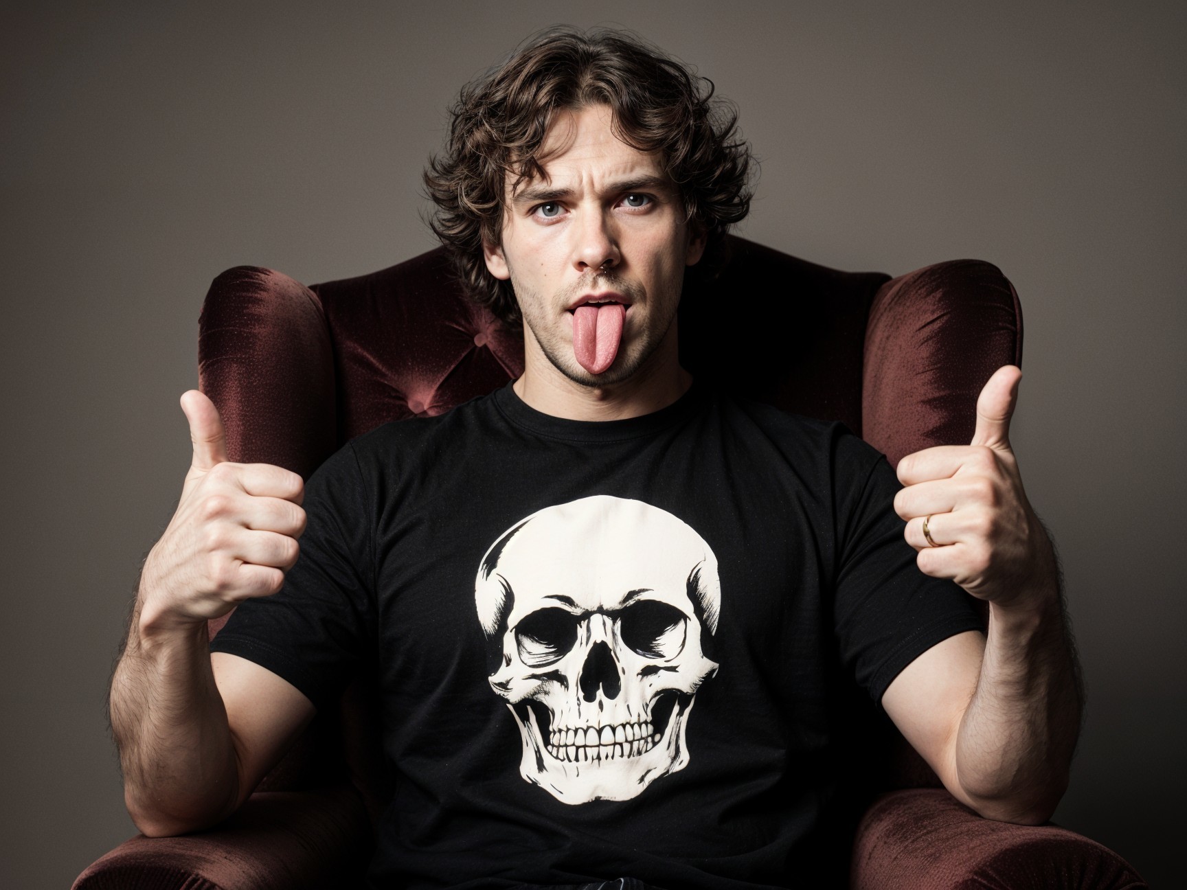 Man in Black T-Shirt Sits in Plush Red Armchair