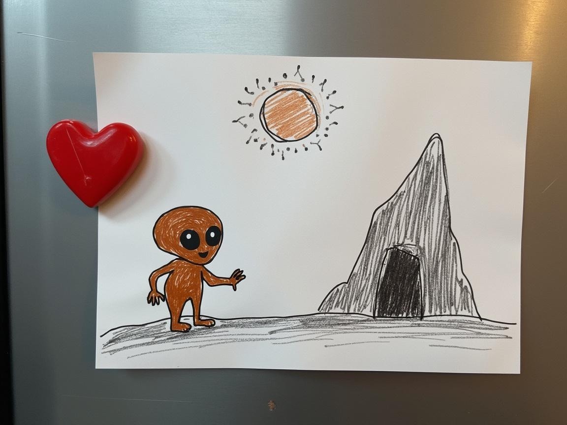 Cartoon Alien Illustration with Rocky Mountain Background