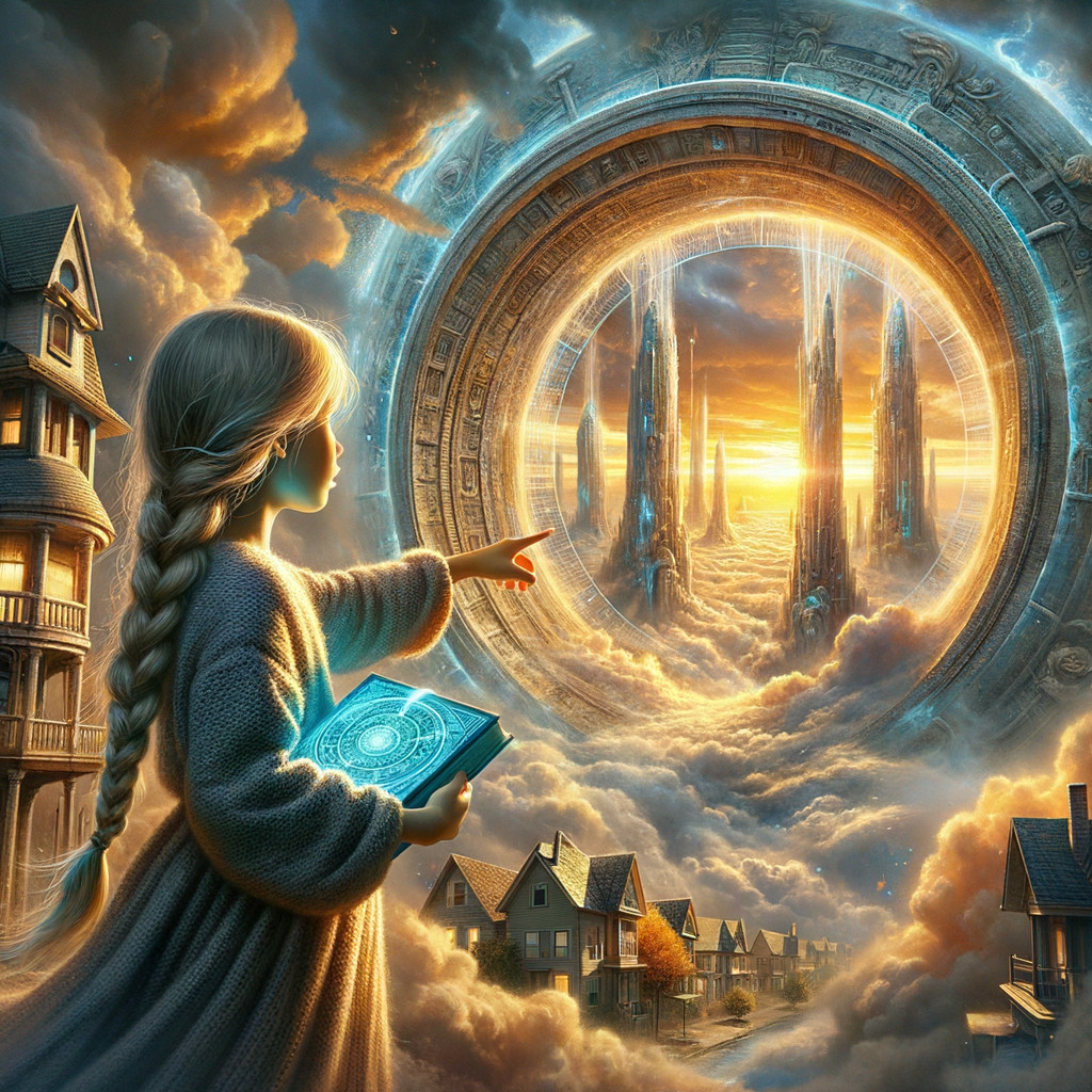 Young girl in a dreamlike landscape with glowing portal