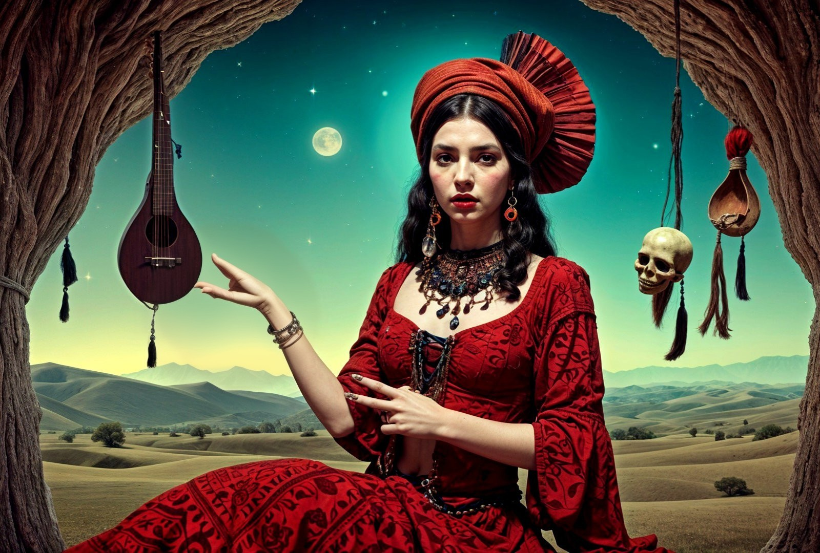 Woman in Red Gown in Mystical Cave Setting