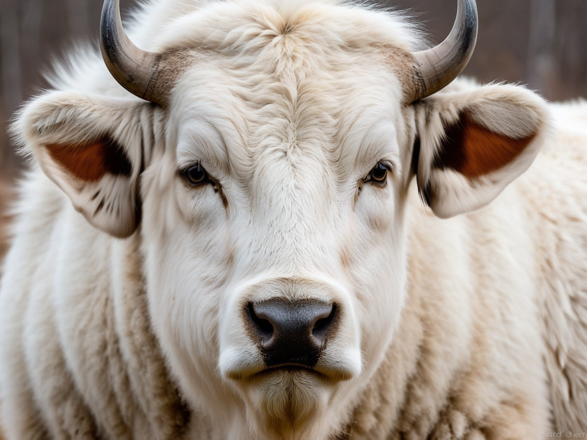 Close-up of a white bull with black horns and fluffy coat