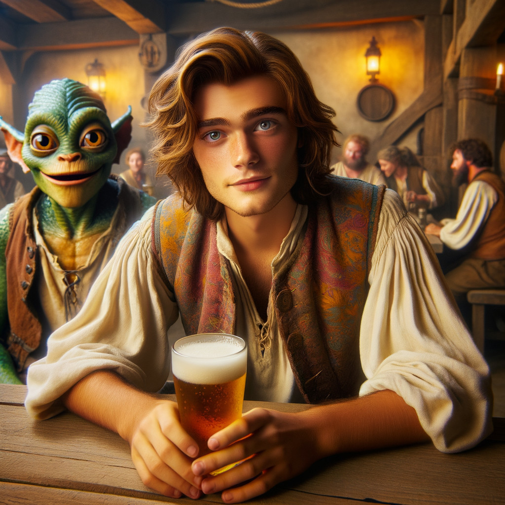 Young man and whimsical creature in cozy tavern scene